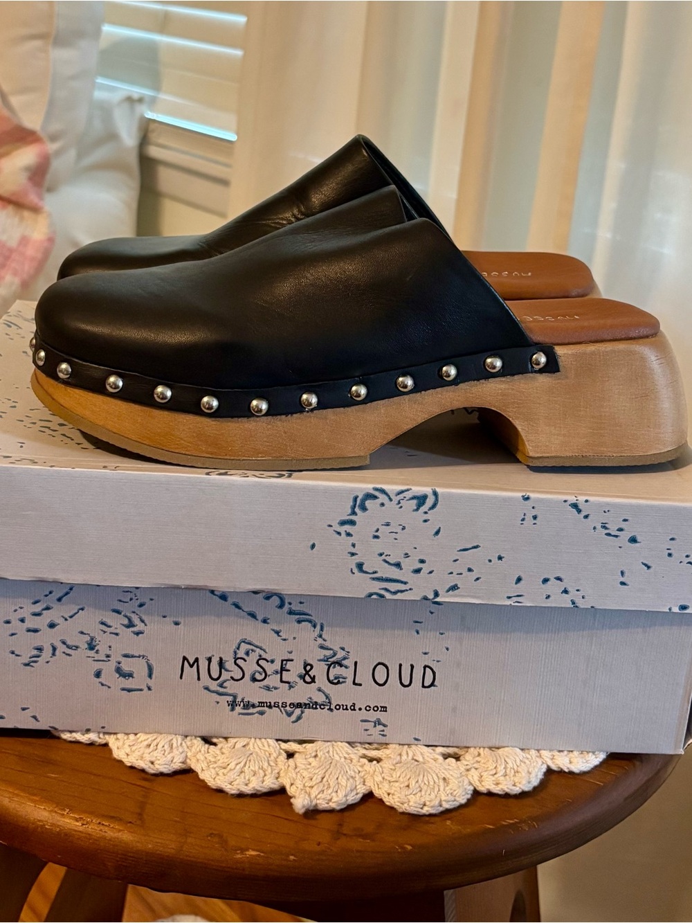 Musse & Cloud Black Leather Studded Wooden Platform Clogs